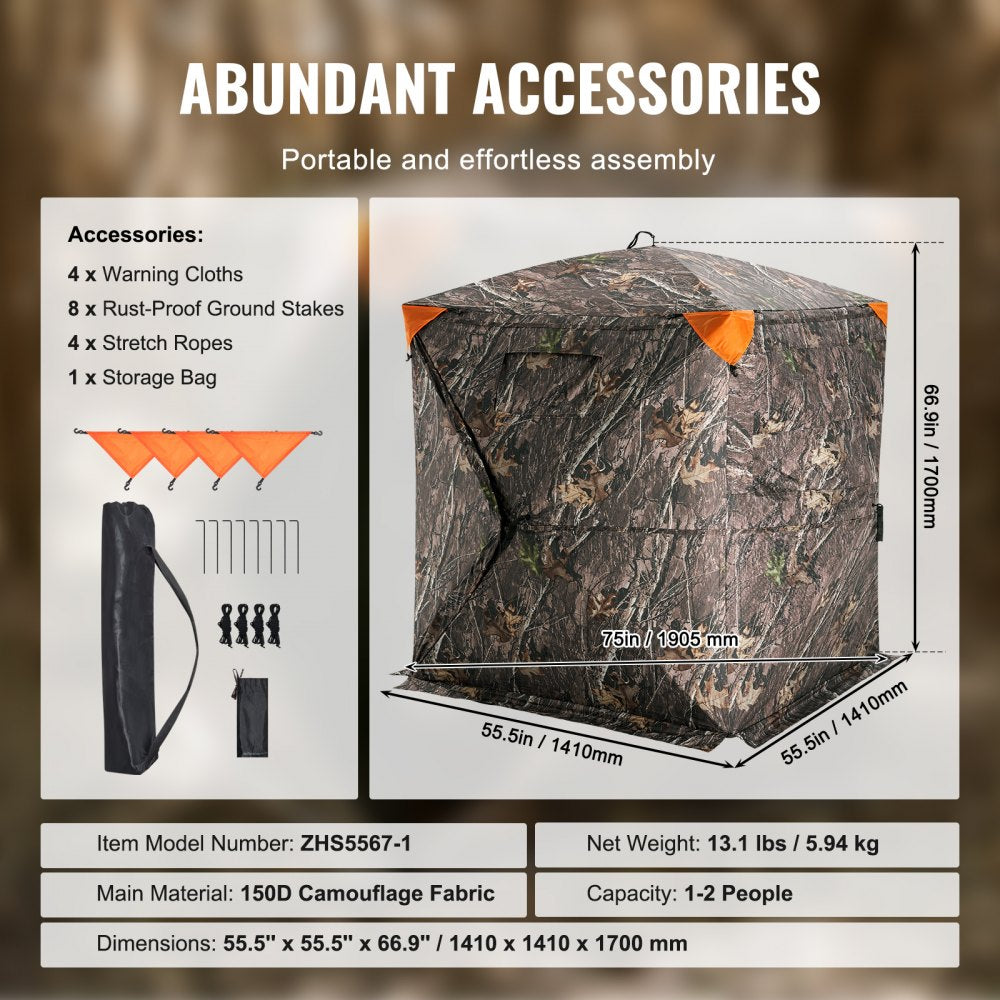 Bostome 270° pop-up hunting blind with see-through mesh panels and camouflage fabric.