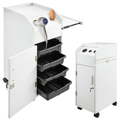Salon SPA Beauty Hairdressing Cart White Storage Trolley with 4 Drawers Rolling Wheels Lockable 2 Keys w/Hairdryer Holder Space-Saving Side Tray