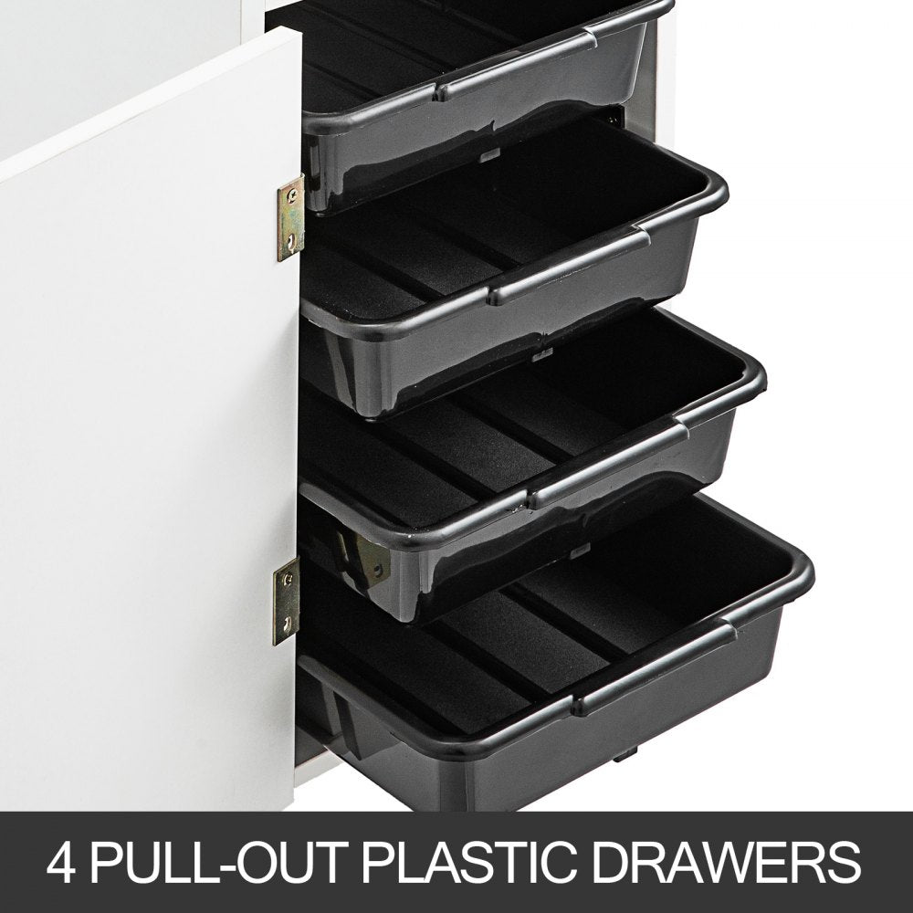 Salon SPA Beauty Hairdressing Cart White Storage Trolley with 4 Drawers Rolling Wheels Lockable 2 Keys w/Hairdryer Holder Space-Saving Side Tray