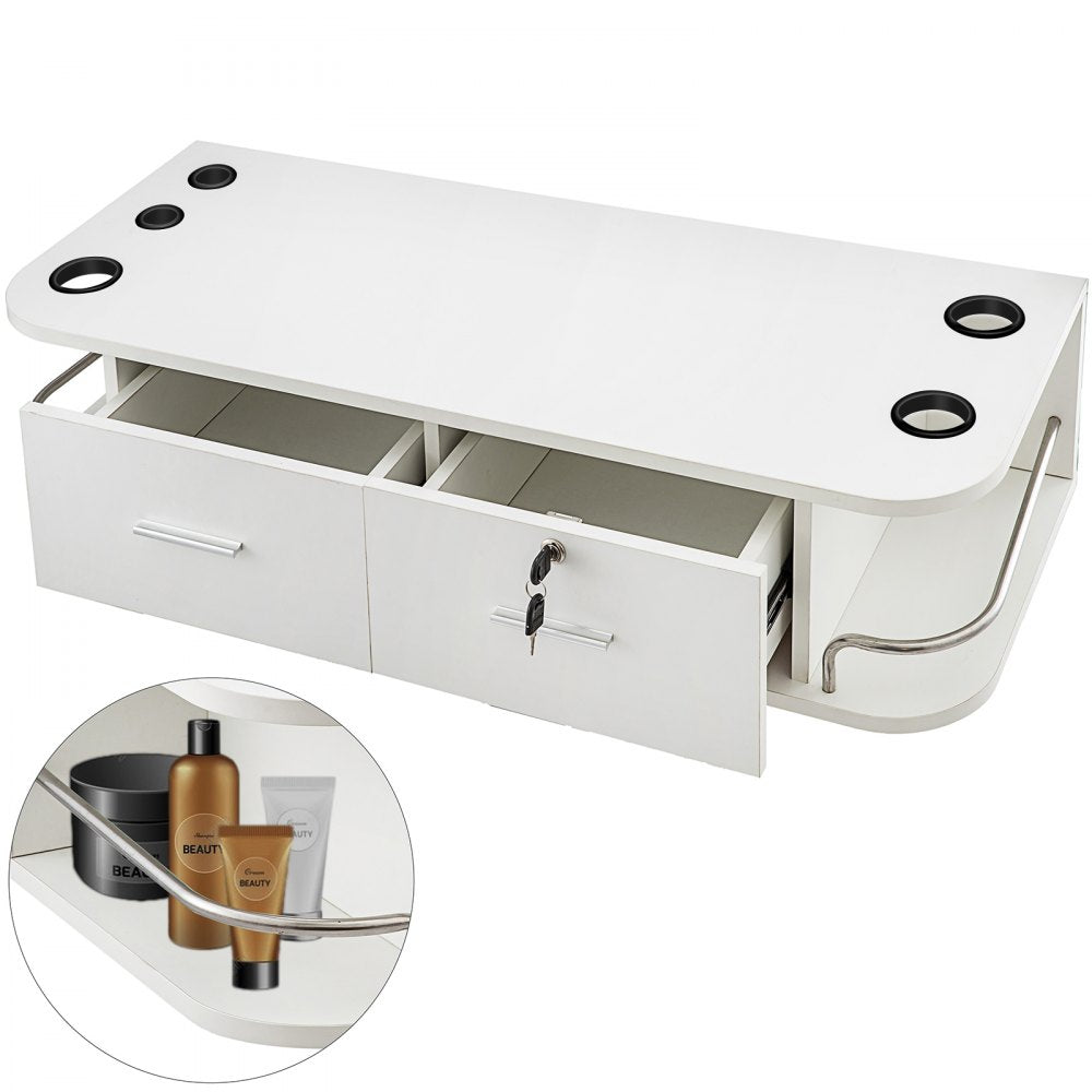 White Wall Mount Styling Station Classic Locking 2 Drawers Storage Beauty Salon Equipment 5 Hair Dryer Holes Locking Cabinet for Beauty Salon or SPA, Barber Shop, Home & Bathroom