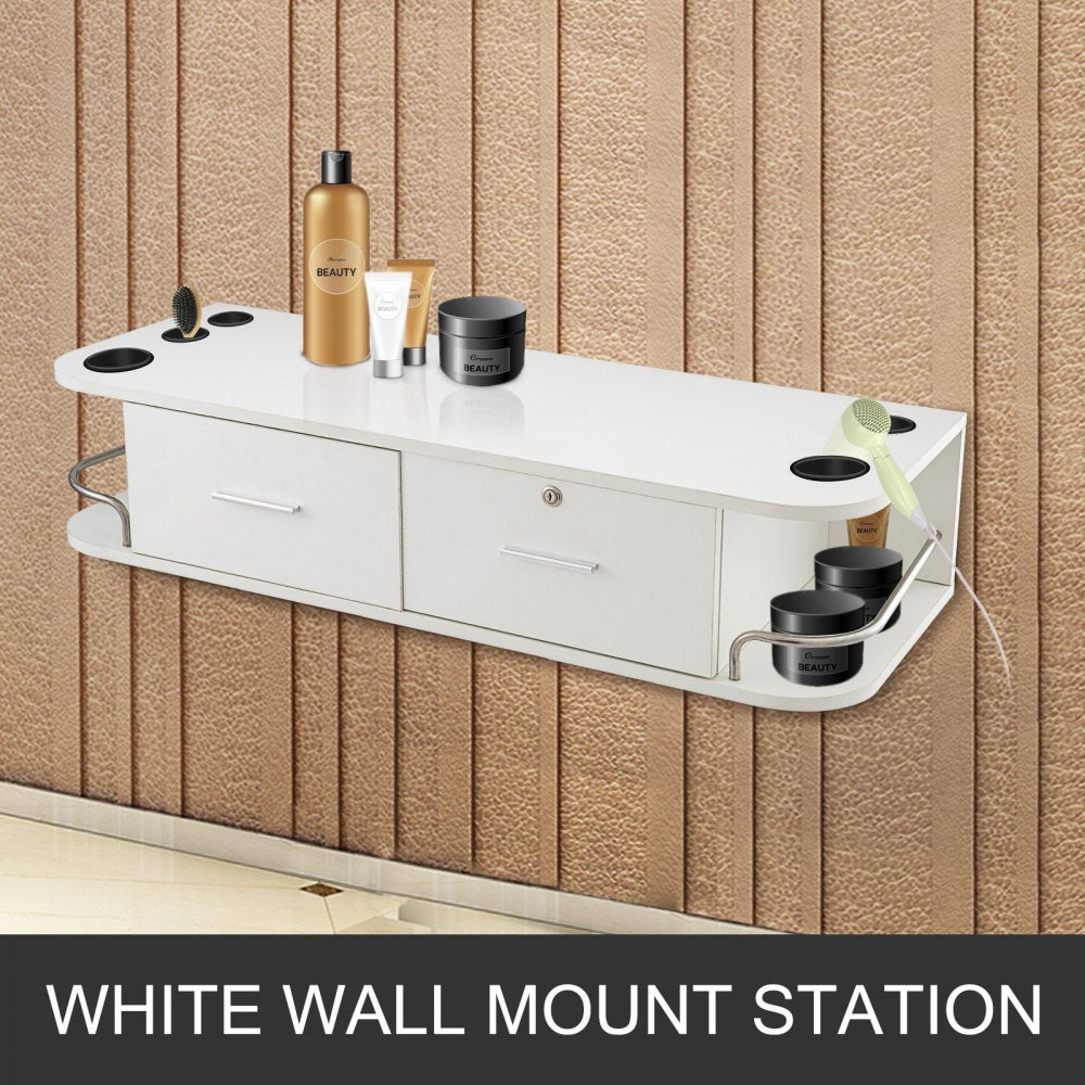 White Wall Mount Styling Station Classic Locking 2 Drawers Storage Beauty Salon Equipment 5 Hair Dryer Holes Locking Cabinet for Beauty Salon or SPA, Barber Shop, Home & Bathroom