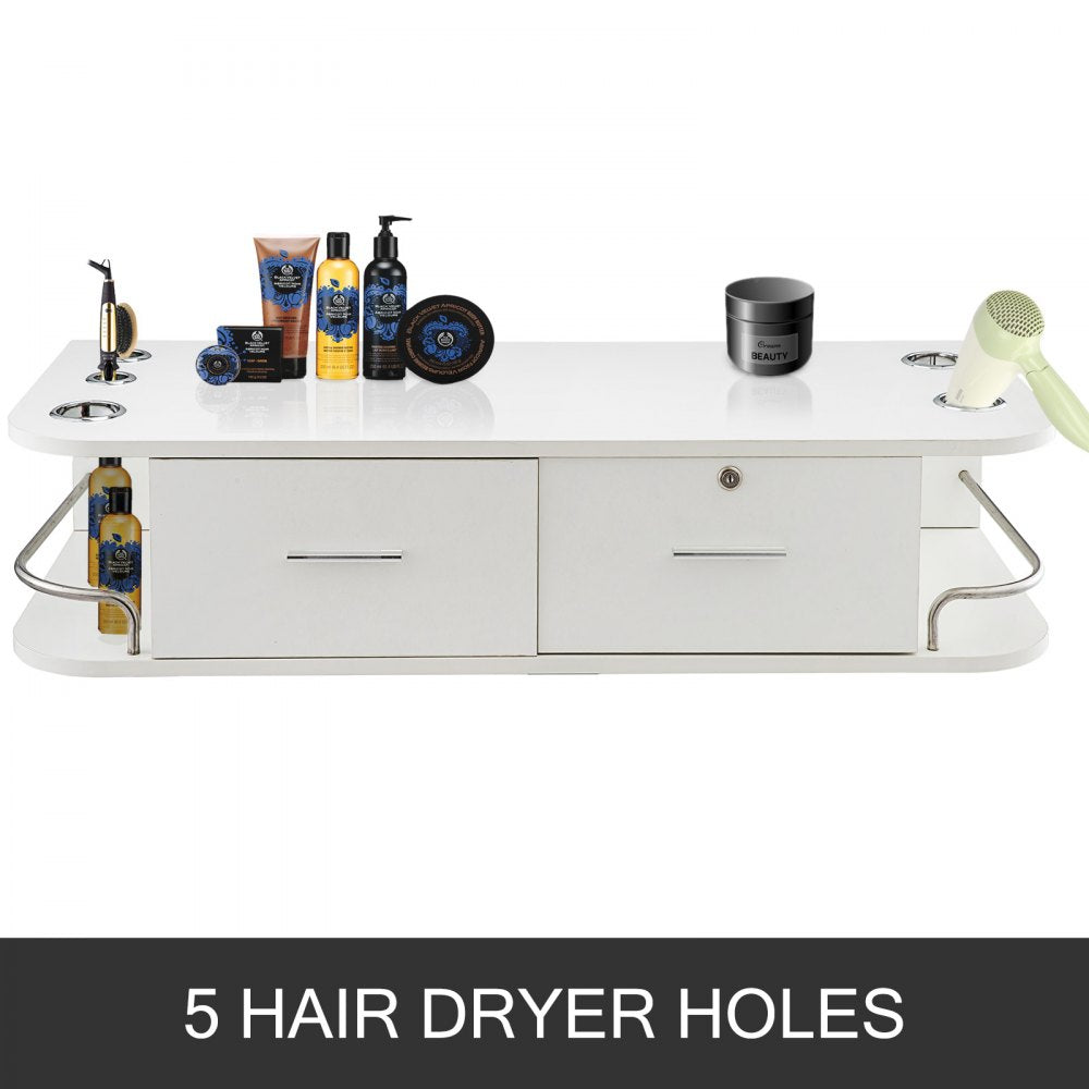 White Wall Mount Styling Station Classic Locking 2 Drawers Storage Beauty Salon Equipment 5 Hair Dryer Holes Locking Cabinet for Beauty Salon or SPA, Barber Shop, Home & Bathroom