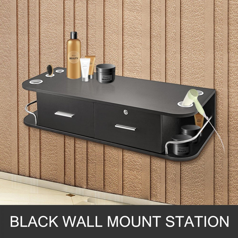 Black Wall Mount Styling Station Classic Locking 2 Drawers Storage Beauty Salon Equipment 5 Hair Dryer Holes Locking Cabinet for Beauty Salon or SPA, Barber Shop, Home & Bathroom