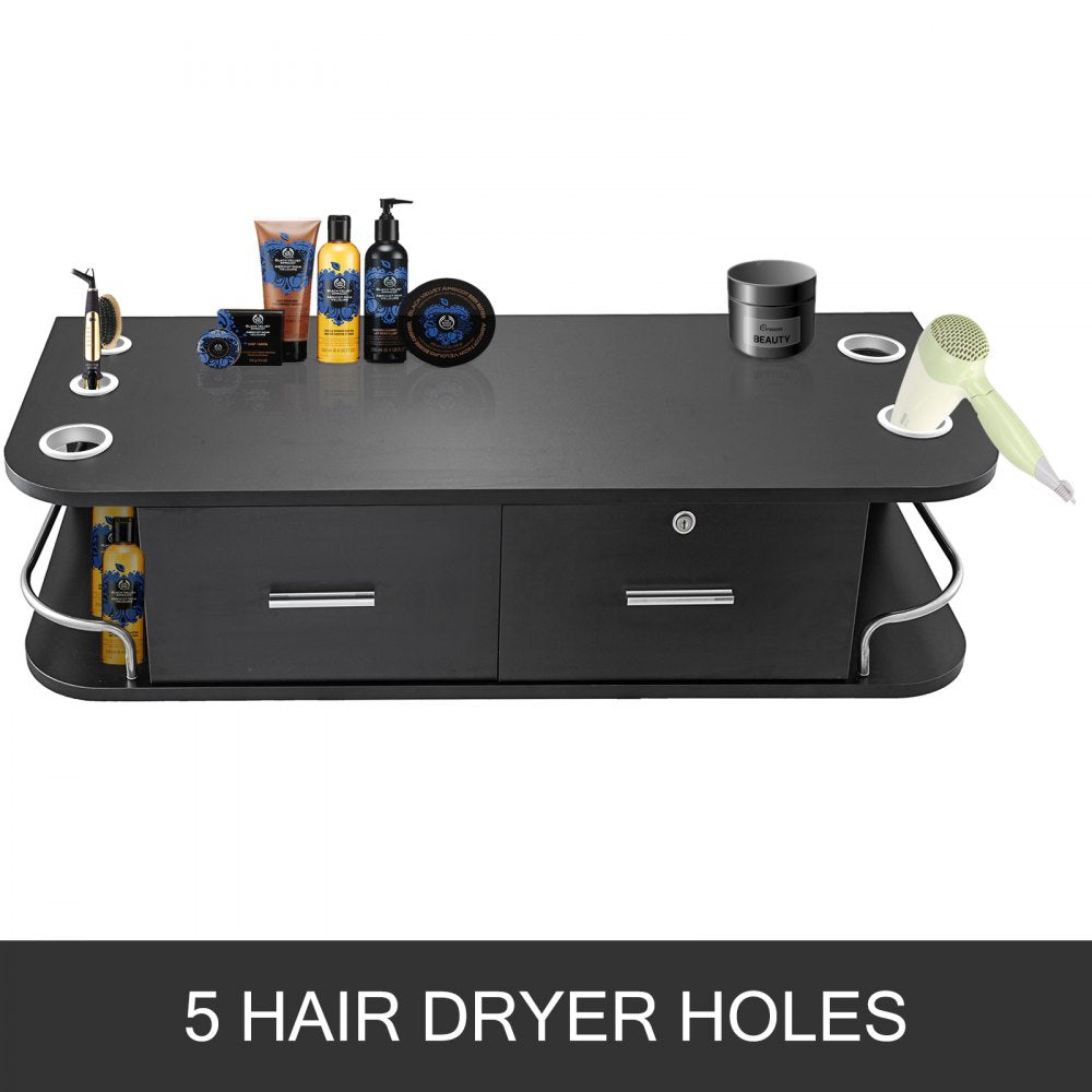 Black Wall Mount Styling Station Classic Locking 2 Drawers Storage Beauty Salon Equipment 5 Hair Dryer Holes Locking Cabinet for Beauty Salon or SPA, Barber Shop, Home & Bathroom