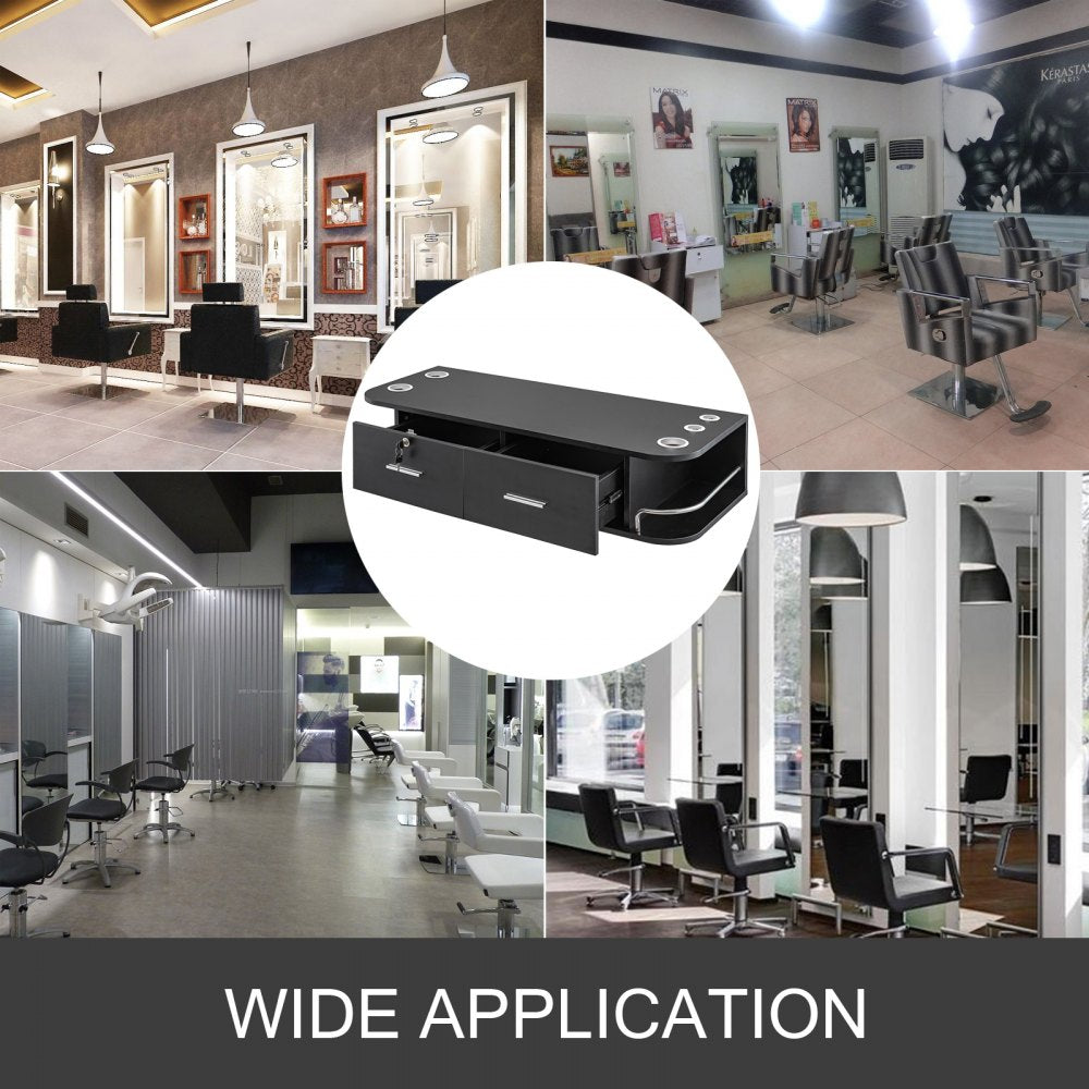 Black Wall Mount Styling Station Classic Locking 2 Drawers Storage Beauty Salon Equipment 5 Hair Dryer Holes Locking Cabinet for Beauty Salon or SPA, Barber Shop, Home & Bathroom