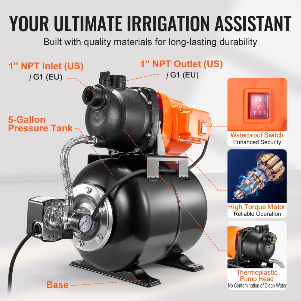 1HP Shallow Well Pump with Pressure Tank 1000GPH Irrigation Booster Pump