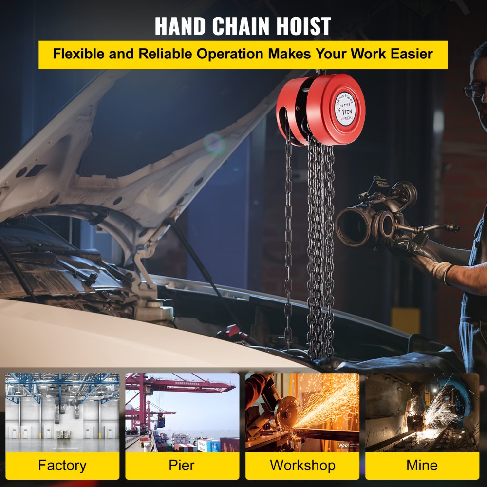 Hand Chain Hoist, 2200 lbs /1 Ton Capacity Chain Block, 8ft/2.5m Lift Manual Hand Chain Block, Manual Hoist w/Industrial-Grade Steel Construction for Lifting Good in Transport & Workshop, Red