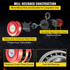 Hand Chain Hoist, 2200 lbs /1 Ton Capacity Chain Block, 8ft/2.5m Lift Manual Hand Chain Block, Manual Hoist w/Industrial-Grade Steel Construction for Lifting Good in Transport & Workshop, Red