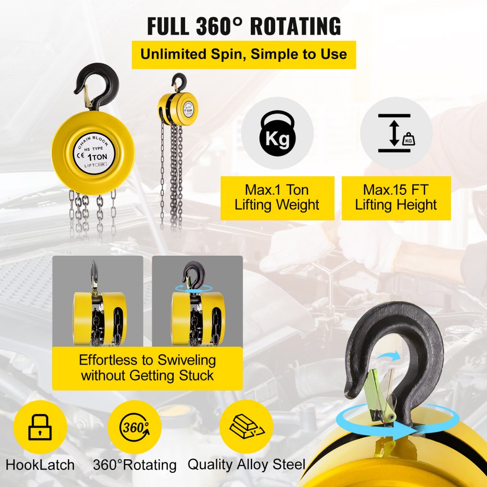 Hand Chain Hoist, 2200 lbs /1 Ton Capacity Chain Block, 15ft/4.5m Lift Manual Hand Chain Block, Manual Hoist w/Industrial-Grade Steel Construction for Lifting Good in Transport & Workshop, Yell