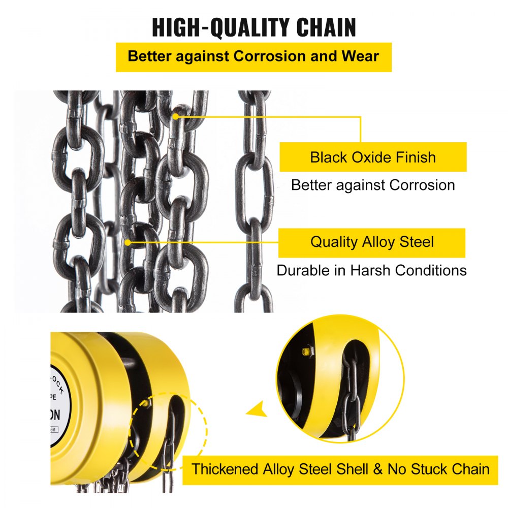 Hand Chain Hoist, 2200 lbs /1 Ton Capacity Chain Block, 15ft/4.5m Lift Manual Hand Chain Block, Manual Hoist w/Industrial-Grade Steel Construction for Lifting Good in Transport & Workshop, Yell