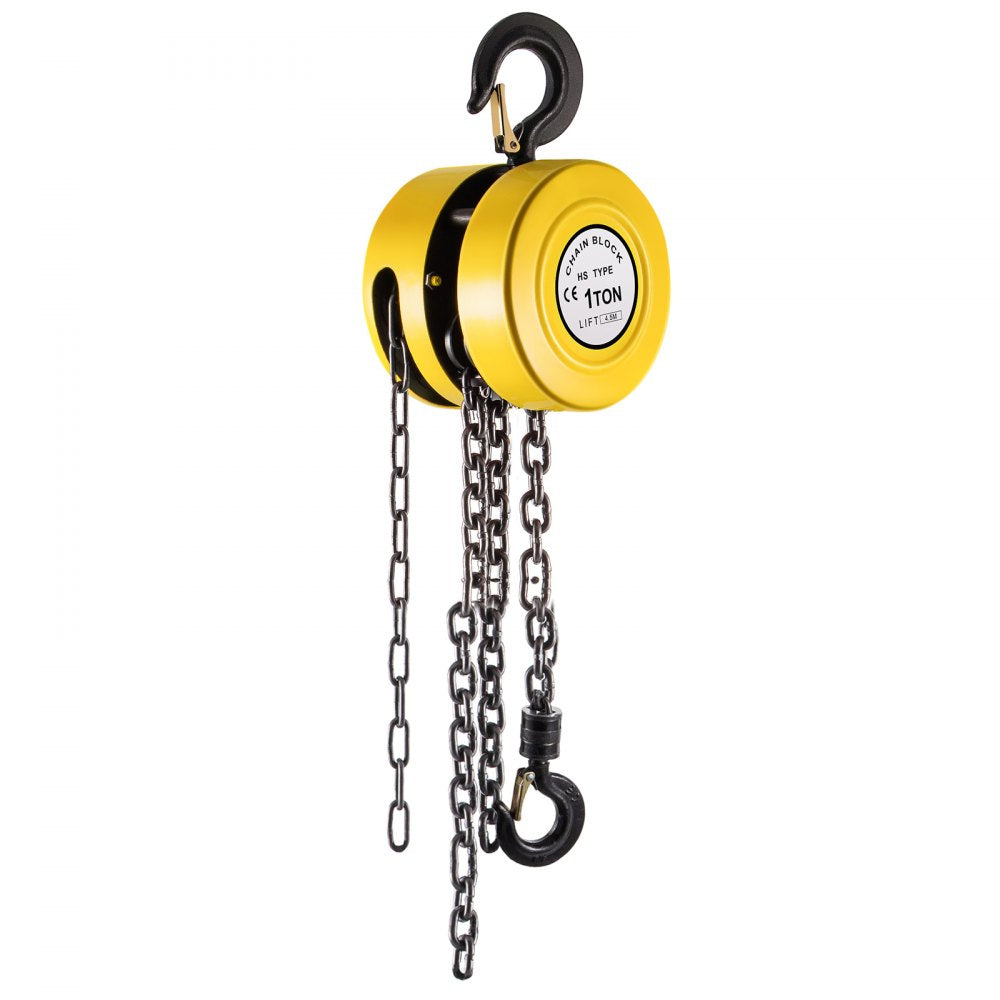 Hand Chain Hoist, 2200 lbs /1 Ton Capacity Chain Block, 15ft/4.5m Lift Manual Hand Chain Block, Manual Hoist w/Industrial-Grade Steel Construction for Lifting Good in Transport & Workshop, Yell
