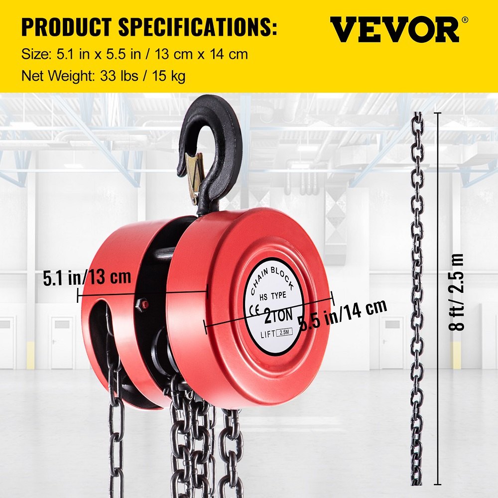 Hand Chain Hoist, 4400 lbs /2 Ton Capacity Chain Block, 8ft/2.5m Lift Manual Hand Chain Block, Manual Hoist w/Industrial-Grade Steel Construction for Lifting Good in Transport & Workshop, Red