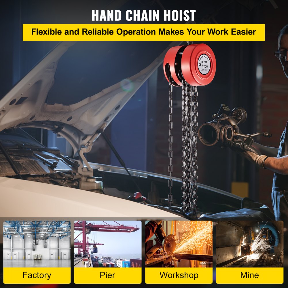 Hand Chain Hoist, 2200 lbs /1 Ton Capacity Chain Block, 7ft/2m Lift Manual Hand Chain Block, Manual Hoist w/ Industrial-Grade Steel Construction for Lifting Good in Transport & Workshop, Red
