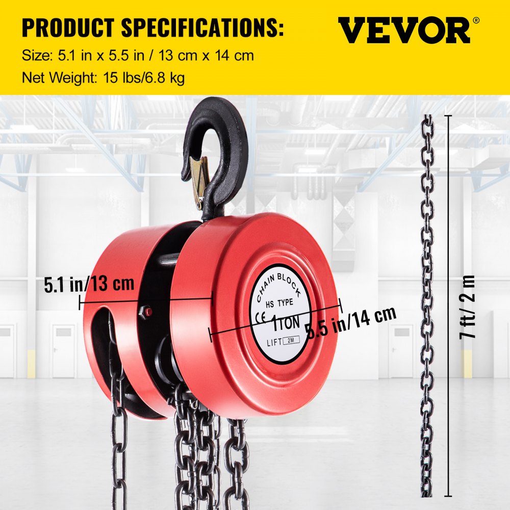 Hand Chain Hoist, 2200 lbs /1 Ton Capacity Chain Block, 7ft/2m Lift Manual Hand Chain Block, Manual Hoist w/ Industrial-Grade Steel Construction for Lifting Good in Transport & Workshop, Red