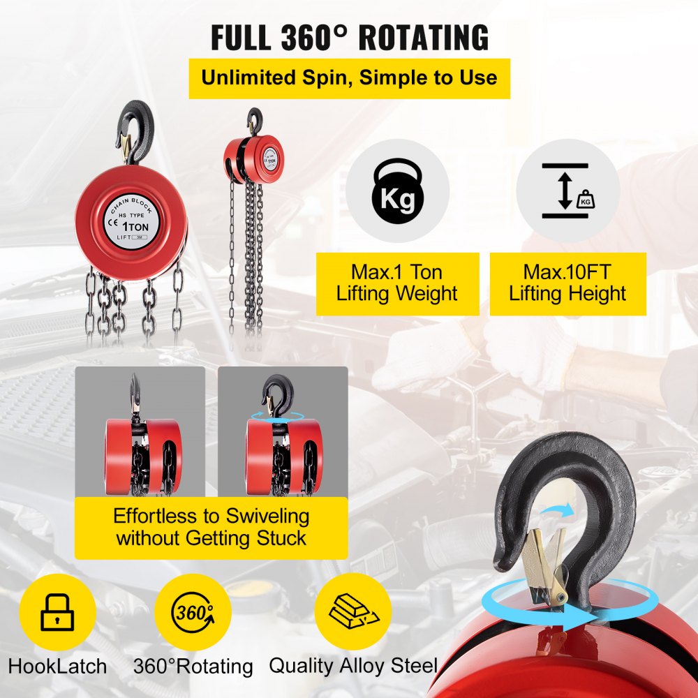 Hand Chain Hoist, 2200 lbs /1 Ton Capacity Chain Block, 10ft/3m Lift Manual Hand Chain Block, Manual Hoist w/Industrial-Grade Steel Construction for Lifting Good in Transport & Workshop, Red