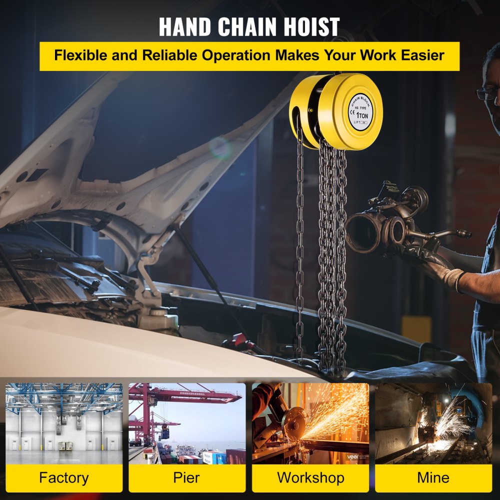 Hand Chain Hoist, 2200 lbs /1 Ton Capacity Chain Block, 20ft/6m Lift Manual Hand Chain Block, Manual Hoist w/Industrial-Grade Steel Construction for Lifting Good in Transport & Workshop, Yellow