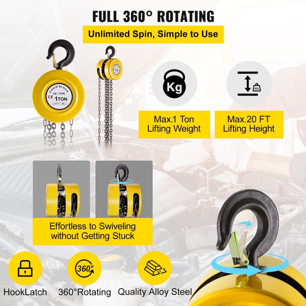 Hand Chain Hoist, 2200 lbs /1 Ton Capacity Chain Block, 20ft/6m Lift Manual Hand Chain Block, Manual Hoist w/Industrial-Grade Steel Construction for Lifting Good in Transport & Workshop, Yellow