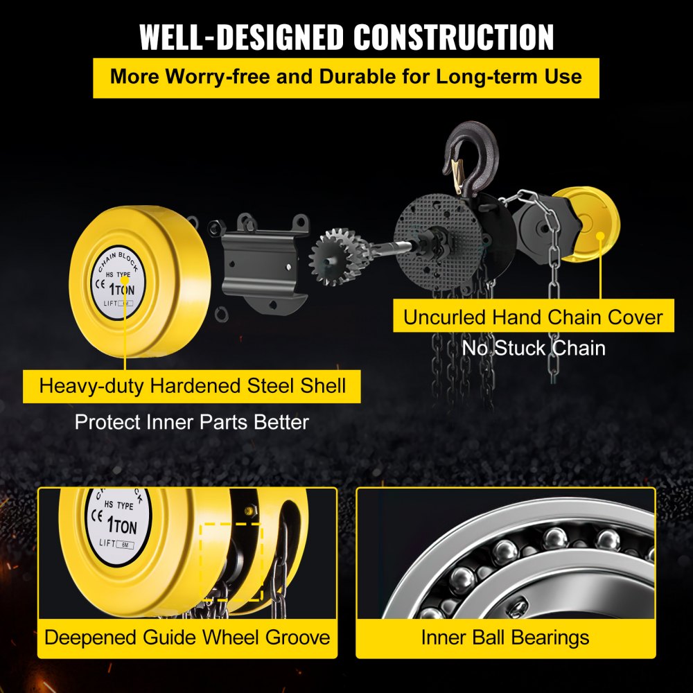 Hand Chain Hoist, 2200 lbs /1 Ton Capacity Chain Block, 20ft/6m Lift Manual Hand Chain Block, Manual Hoist w/Industrial-Grade Steel Construction for Lifting Good in Transport & Workshop, Yellow