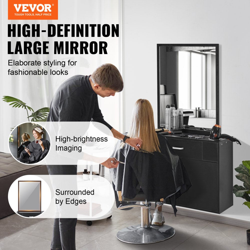 Salon Organizer, Wall-Hanging Unit for Hairdressers, Complete with 3 Holders, Mirror, Dual-Door Storage, and Single Drawer, Black