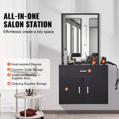 Salon Organizer, Wall-Hanging Unit for Hairdressers, Complete with 3 Holders, Mirror, Dual-Door Storage, and Single Drawer, Black
