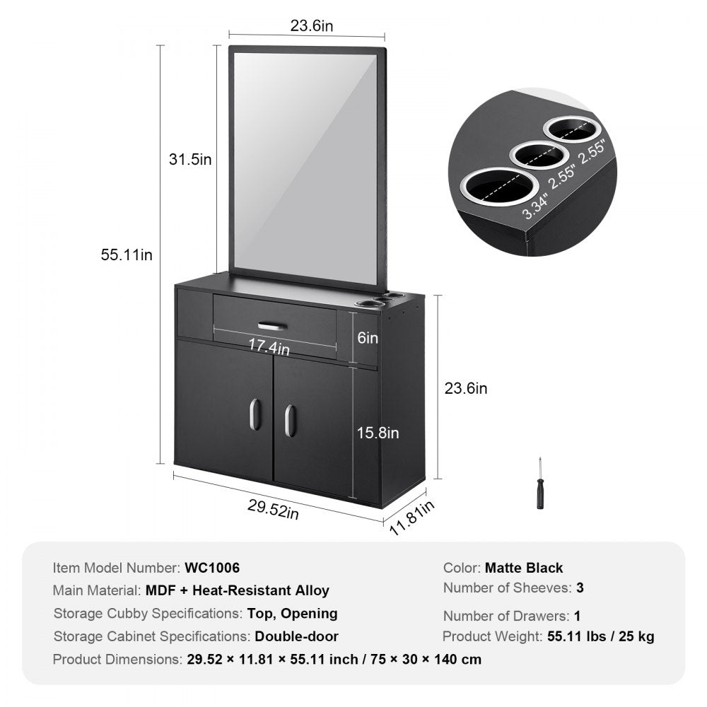 Salon Organizer, Wall-Hanging Unit for Hairdressers, Complete with 3 Holders, Mirror, Dual-Door Storage, and Single Drawer, Black