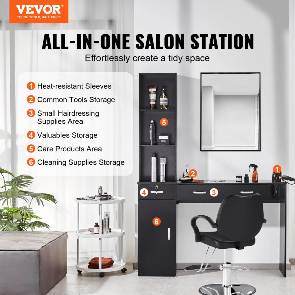 Salon Workstation, Wall-Mounted Unit for Hair Professionals, Spa Styling Storage Solution, Includes 1 Cabinet, 3 Shelves & 3 Drawers (1 with Lock), in Sleek Black