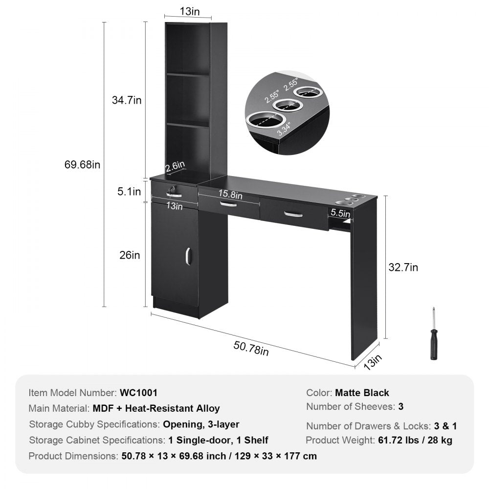 Salon Workstation, Wall-Mounted Unit for Hair Professionals, Spa Styling Storage Solution, Includes 1 Cabinet, 3 Shelves & 3 Drawers (1 with Lock), in Sleek Black