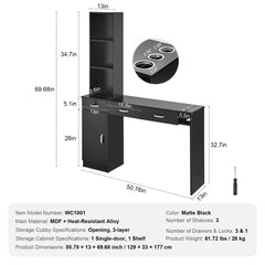 Salon Workstation, Wall-Mounted Unit for Hair Professionals, Spa Styling Storage Solution, Includes 1 Cabinet, 3 Shelves & 3 Drawers (1 with Lock), in Sleek Black