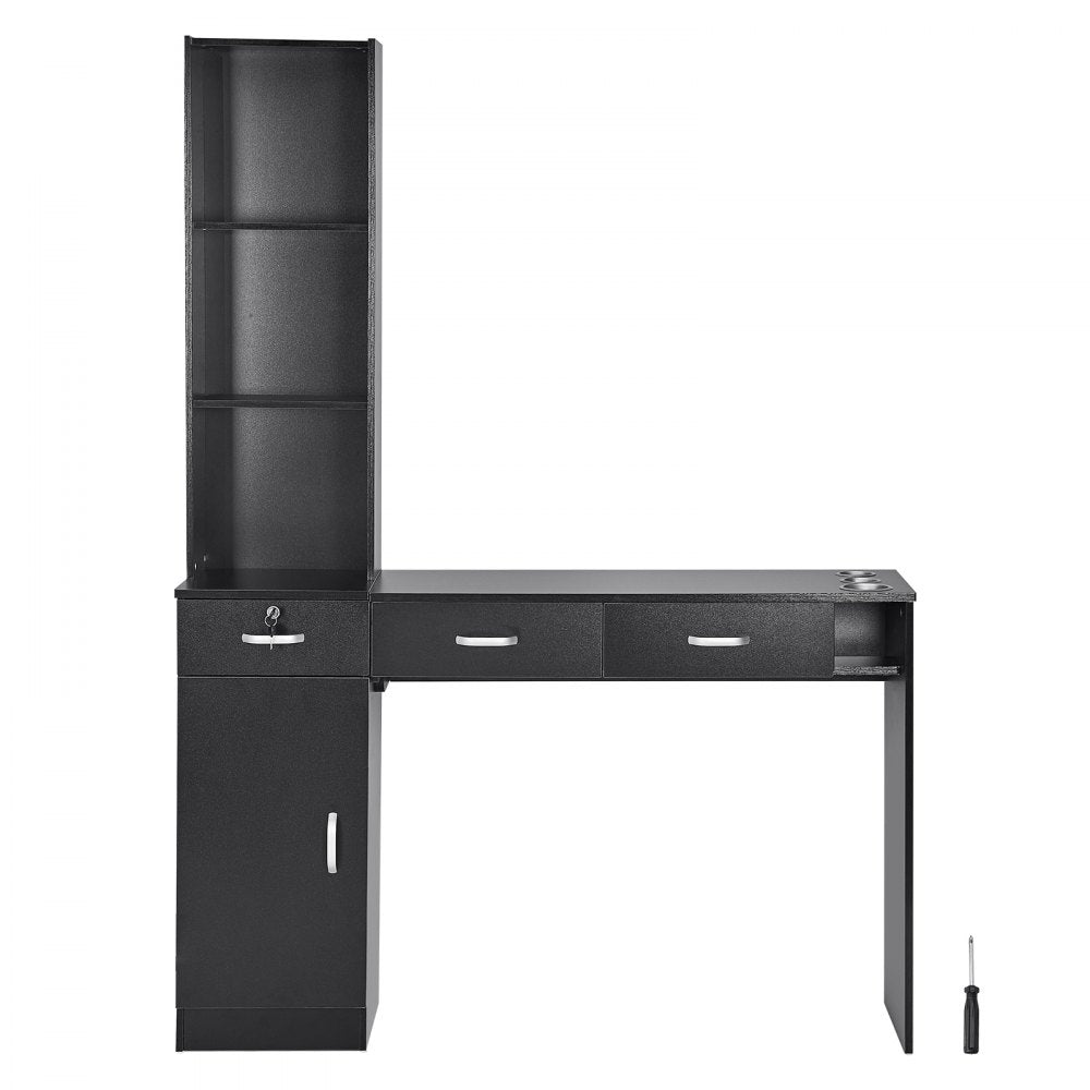 Salon Workstation, Wall-Mounted Unit for Hair Professionals, Spa Styling Storage Solution, Includes 1 Cabinet, 3 Shelves & 3 Drawers (1 with Lock), in Sleek Black