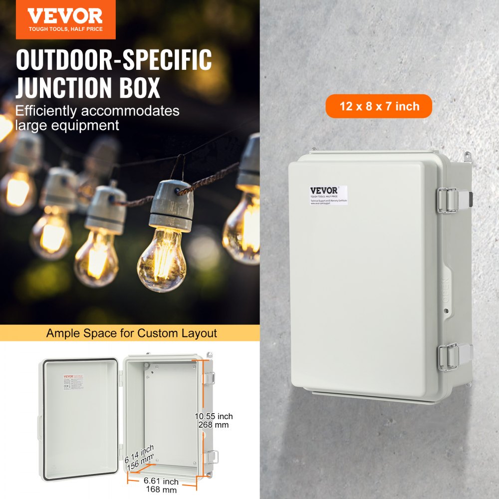 Outdoor Electrical Junction Box, 11.81 x 7.87 x 7.08 in, ABS Plastic Electrical Enclosure Box with Hinged Cover Stainless Steel Latch, IP67 Dustproof Waterproof for Outdoor Electrical Projects