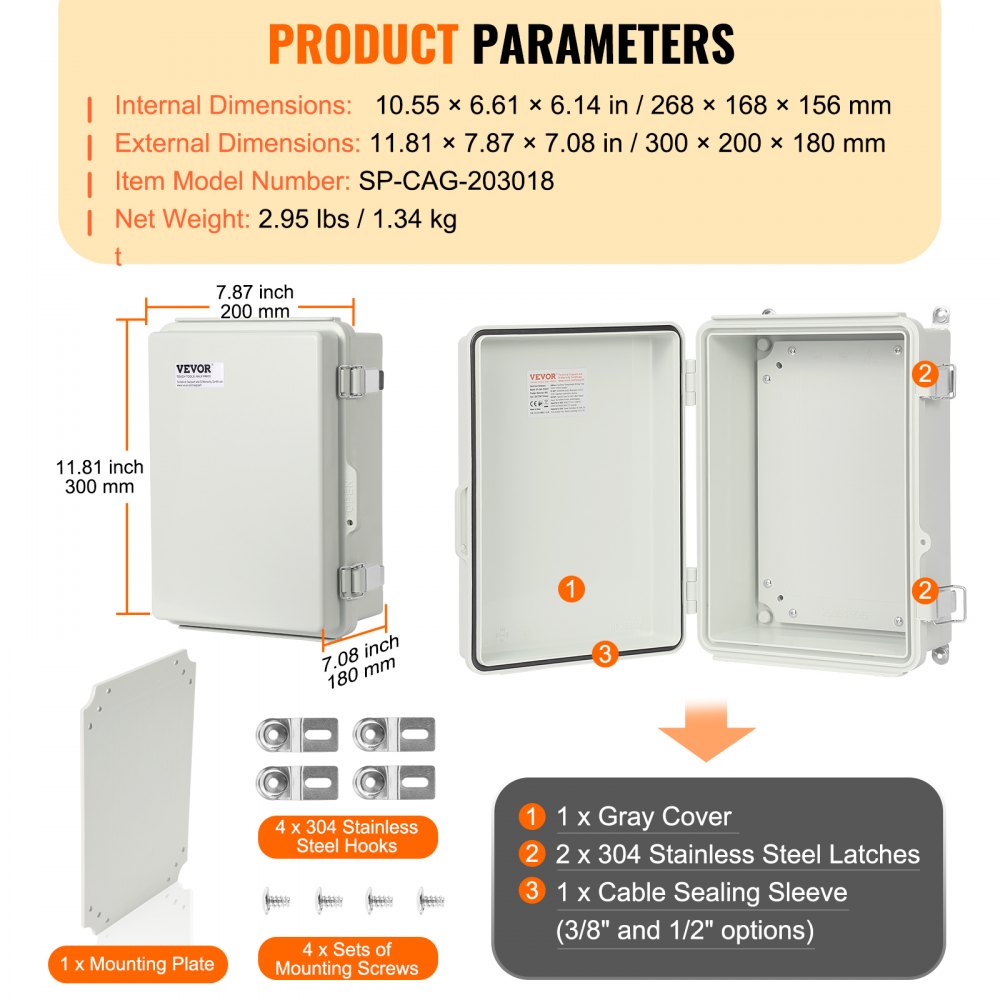 Outdoor Electrical Junction Box, 11.81 x 7.87 x 7.08 in, ABS Plastic Electrical Enclosure Box with Hinged Cover Stainless Steel Latch, IP67 Dustproof Waterproof for Outdoor Electrical Projects