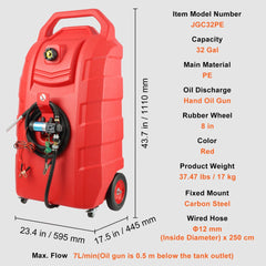 Fuel Caddy, 32 Gallon, Portable Fuel Storage Tank On-Wheels, with 12V DC Transfer Pump, Gasoline Diesel Fuel Container with 8.2 ft Hose, Flow Rate 7L/min, for Trucks, Boats, Lawn Mowers