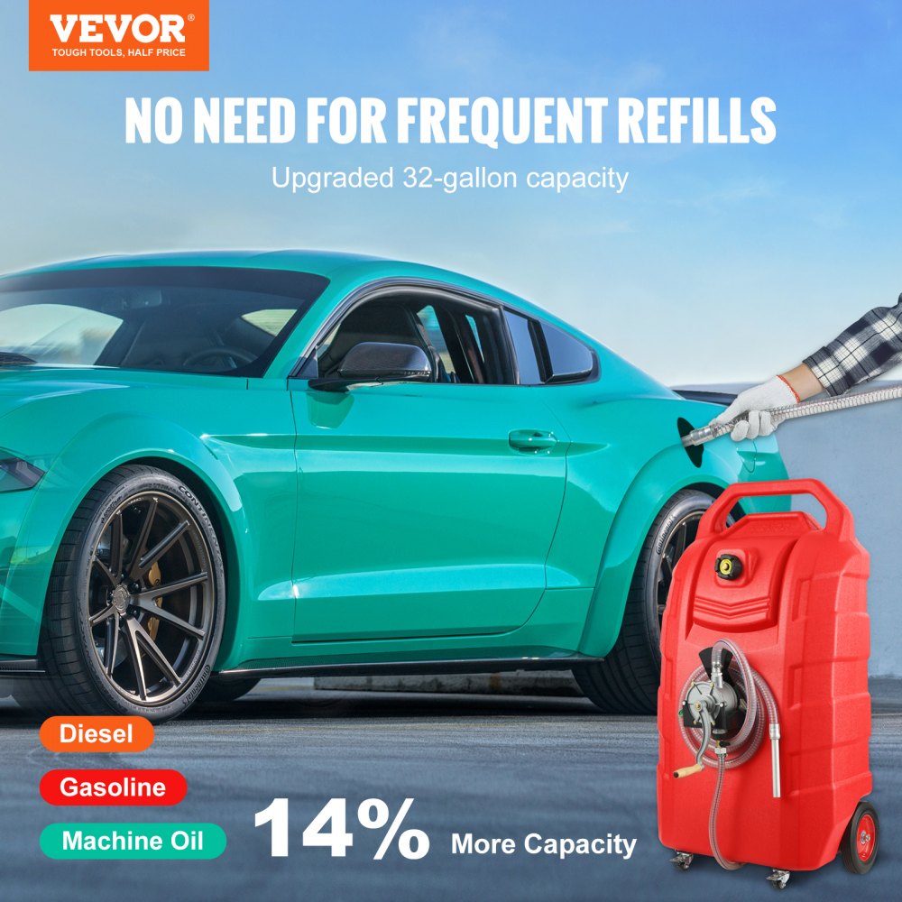 Fuel Caddy, 32 Gallon, Portable Fuel Storage Tank On-Wheels, with Manual Transfer Pump, Gasoline Diesel Fuel Container for Cars, Lawn Mowers, ATVs, Boats, More, Red