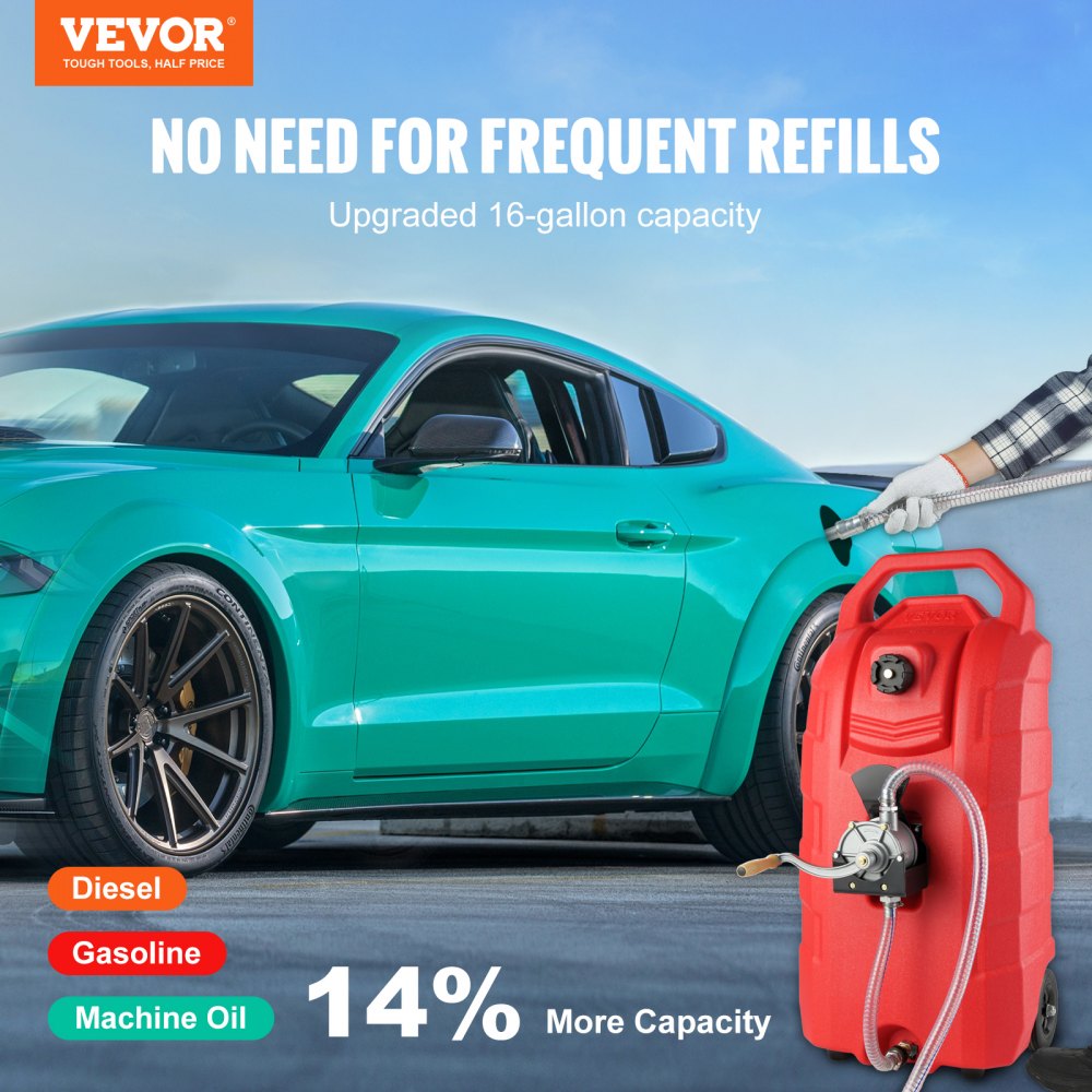 16 Gallon Fuel Caddy, 7.8 L/min, Portable Gas Storage Tank Container with Hand Pump Rubber Wheels, Fuel Transfer Storage Tank for Gasoline Diesel Machine Oil Car Mowers Tractor Boat Motorcycle