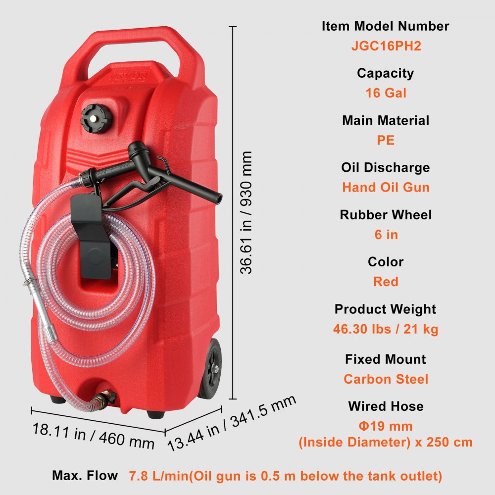 16 Gallon Fuel Caddy, 7.8 L/min, Portable Gas Storage Tank Container with Hand Pump Rubber Wheels, Fuel Transfer Storage Tank for Gasoline Diesel Machine Oil Car Mowers Tractor Boat Motorcycle