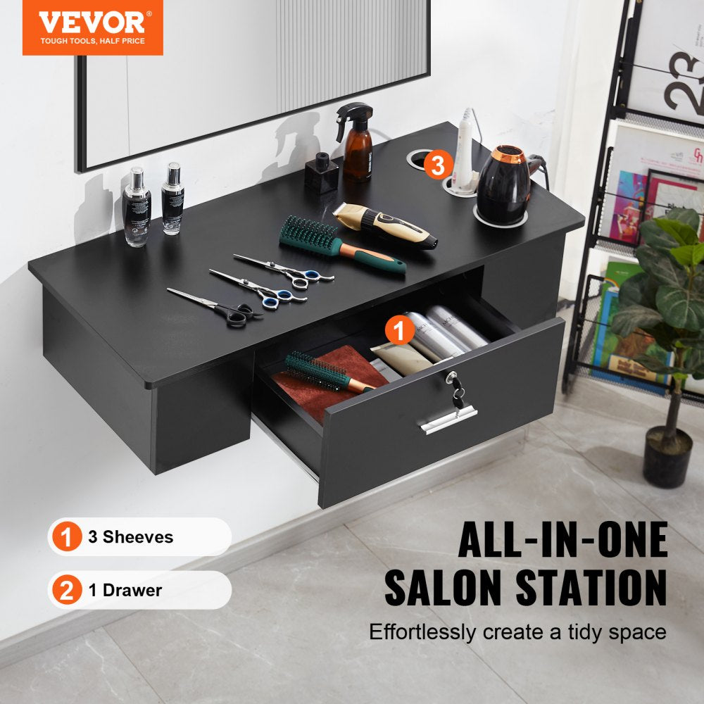 Wall-Mounted Salon Workstation, Equipped with 3 Holders for Hair Dryers, Secure Drawer with Lock, Ideal for SPA, Hairdressing Salons, Home & Bathroom Use, in Sleek Black