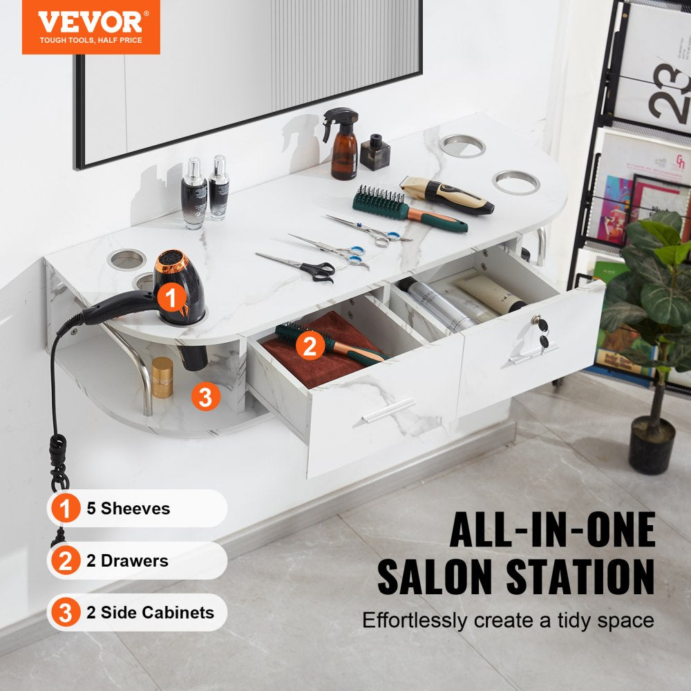 Wall-Mounted Salon Station, Equipped with 5 Holders for Hair Dryers, Includes 2 Drawers (One with Lock), Ideal for SPA, Barber Shops, Home & Bathroom Use, in Elegant Marble White
