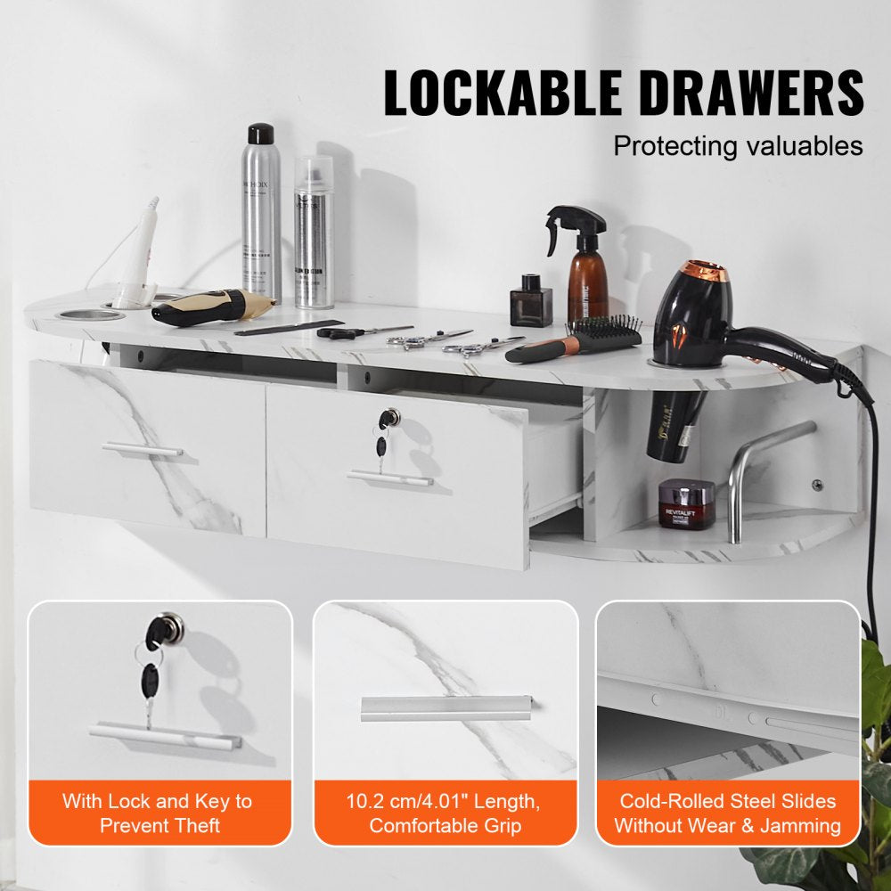 Wall-Mounted Salon Station, Equipped with 5 Holders for Hair Dryers, Includes 2 Drawers (One with Lock), Ideal for SPA, Barber Shops, Home & Bathroom Use, in Elegant Marble White