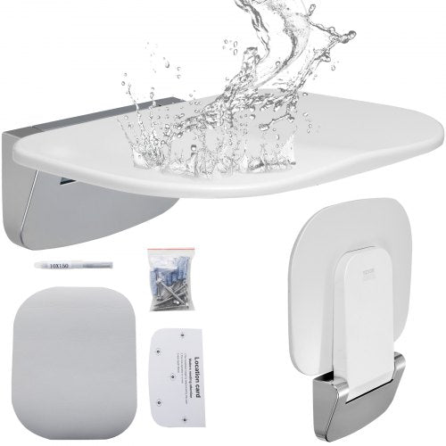 White wall-mounted folding shower seat with water splashes, stainless hardware, and installation guide.
