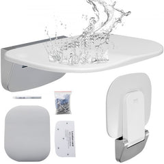White wall-mounted folding shower seat with water splashes, stainless hardware, and installation guide.