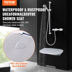 Wall-mounted folding shower seat made of urea-formaldehyde with non-slip diatom mud surface and stainless steel screws.