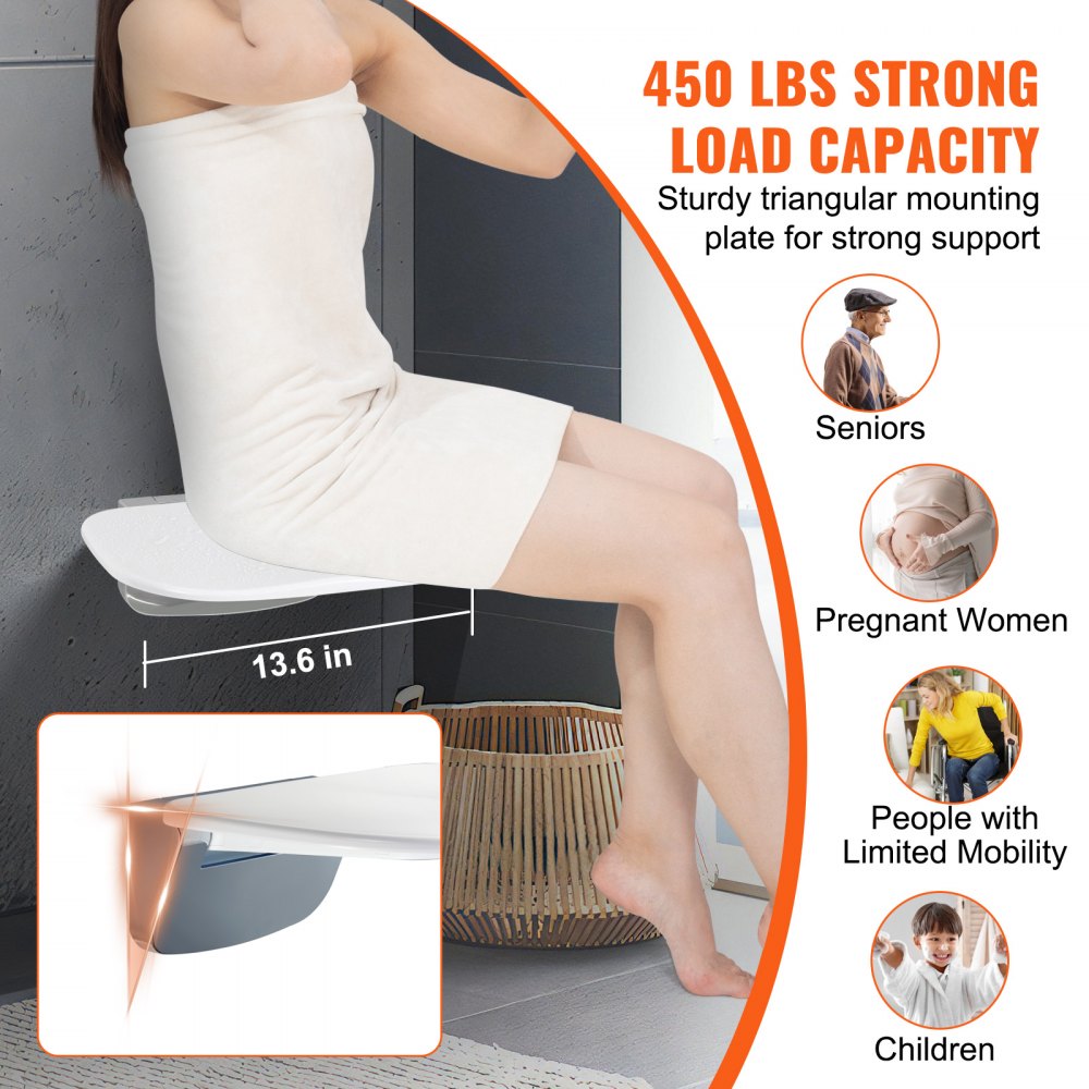 Wall-mounted folding shower seat with 450 lbs capacity, shown installed with a model.
