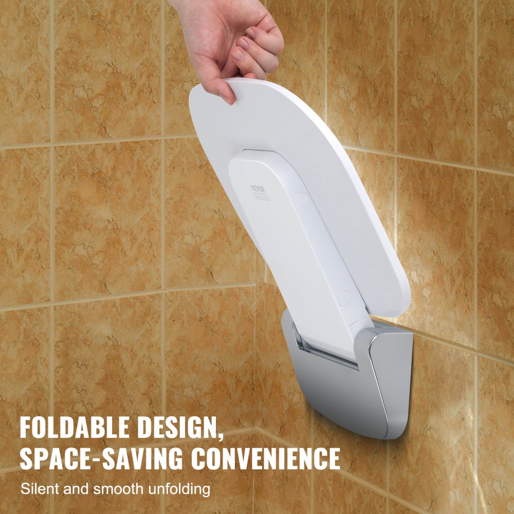 White wall-mounted folding shower seat in open position, made of urea-formaldehyde material.