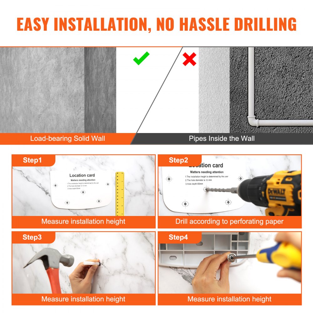 Infographic showing easy no-drill installation steps for a wall-mounted folding shower seat.