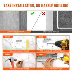 Infographic showing easy no-drill installation steps for a wall-mounted folding shower seat.