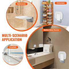Collage showing wall-mounted folding shower seat in bathrooms, entryways, hospitals, and mother-baby rooms.