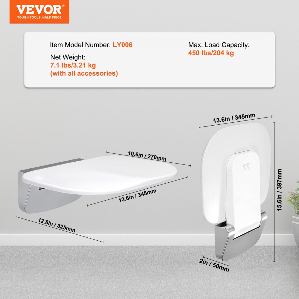 Wall-mounted folding shower seat made of urea-formaldehyde, supports 450 lbs, with dimensions shown.