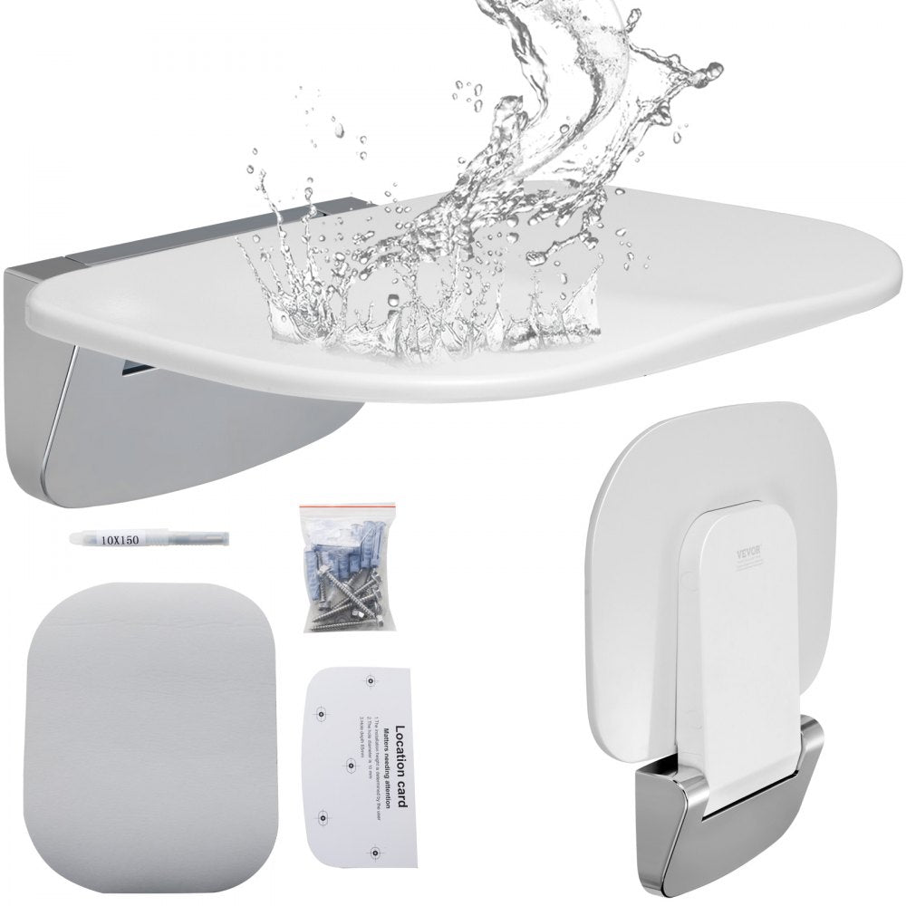 White wall-mounted folding shower seat with water splashes, shown open and closed with hardware.