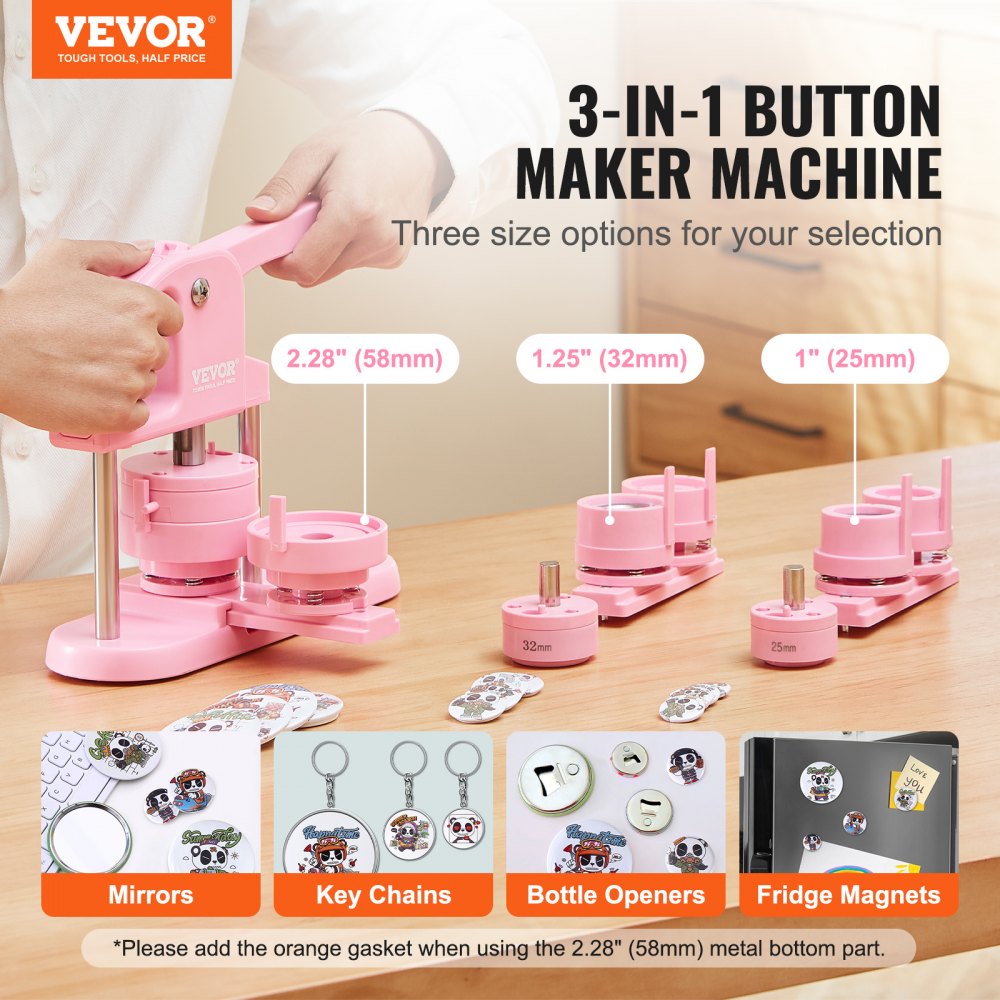 3-IN-1 Button Maker, 1/1.25/2.28 inch(25/32/58mm) Pin Maker, 300pcs Button Parts,Button Maker Machine with Panda Magic Book,  Ergonomic Arc Handle Punch Press Kit, For Children DIY Gifts, Pink