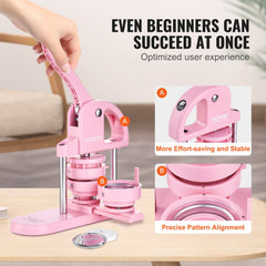 3-IN-1 Button Maker, 1/1.25/2.28 inch(25/32/58mm) Pin Maker, 300pcs Button Parts,Button Maker Machine with Panda Magic Book,  Ergonomic Arc Handle Punch Press Kit, For Children DIY Gifts, Pink